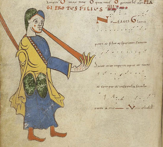 "Plagi Protus" intonation in the Tonary of the Auch region (Aquitaine, 11th cent.): F-Pn lat. 1118, fol. 105v Tonary of the Auch region (Aquitaine, end 10th century).jpg