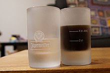 Two shot glasses with fill lines designating 20 and 40 ml measures Two shot glasses.jpg