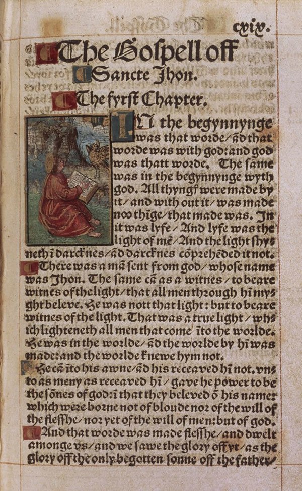 The beginning of the Gospel of John from a copy of the 1526 edition of William Tyndale's New Testament at the British Library.