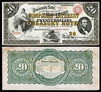 Two-year $20 1864 compound interest treasury note US-$20-CITN-1864-Fr-191a.jpg