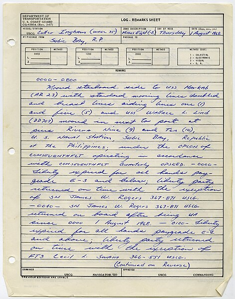 File:USCGC Ingham Logbook August 1968.jpg