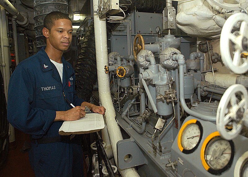 File:US Navy 030625-N-2819P-007 Machinist's Mate 3rd Class Kemetrick D. Thomas from Shreveport, La., reads and checks generator gauges.jpg