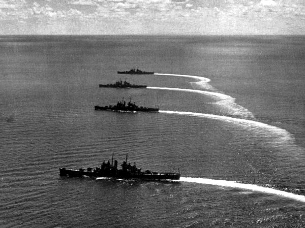 Columbia (2nd from front) and other cruisers off Efate in 1943