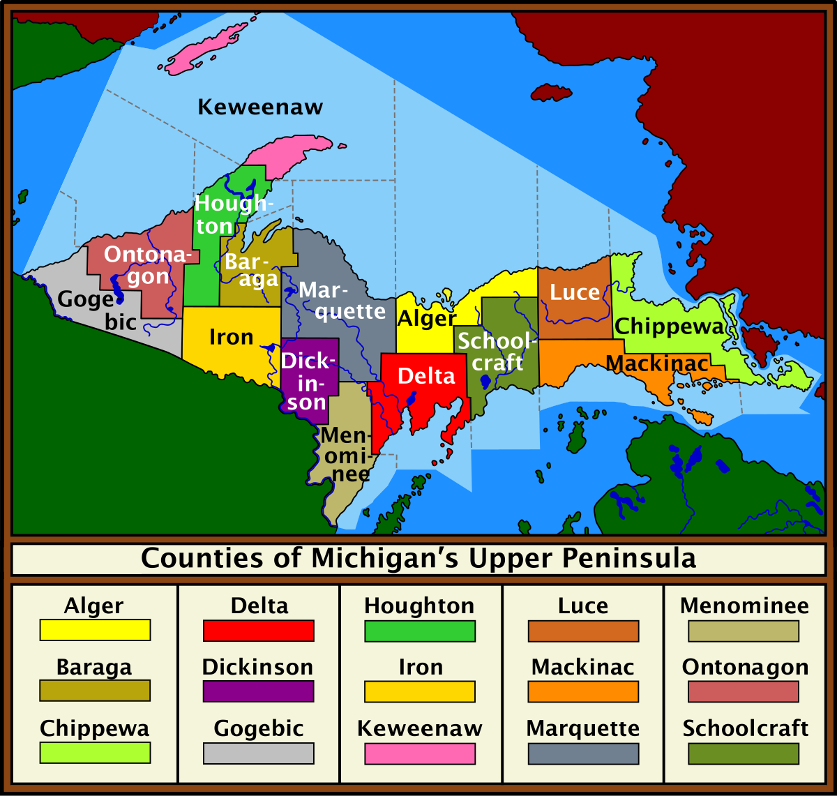 Cities In The Upper Peninsula Of Michigan Map File Upper Peninsula Counties Map Svg Wikimedia Commons