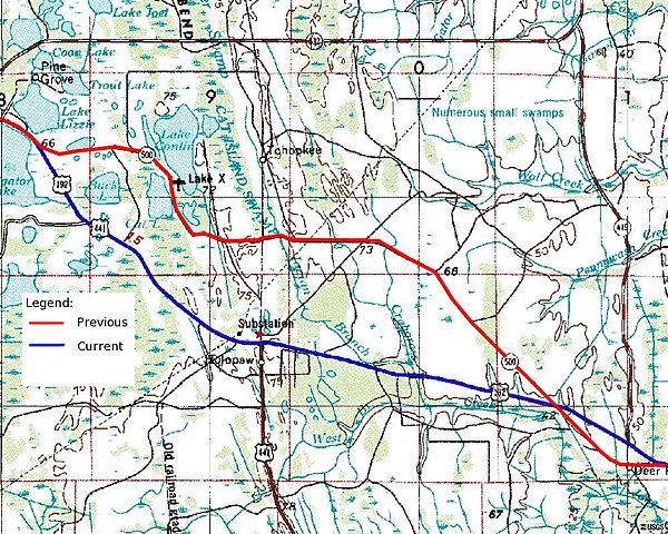 US 192 (blue) and Old Melbourne Highway (red) in eastern Osceola County