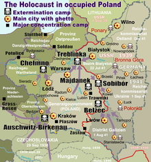Map of the Holocaust in German-occupied Poland with deportation routes and massacre sites. Major ghettos are marked with yellow stars. Nazi extermination camps are marked with white skulls in black squares. The border in 1941 between Nazi Germany and the Soviet Union is marked in red. WW2-Holocaust-Poland.PNG