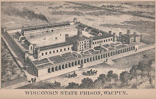 An illustration of the Waupun facility, from the 1885 edition of the Wisconsin Blue Book. Waupun State Prison 1895.jpeg