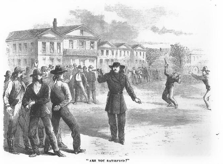 The Hickok–Tutt shootout, in an 1867 illustration accompanying the article by Nichols in Harper's magazine