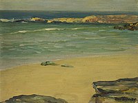 Peinture d'une plage ensoleillée avec sable jaune et gros rochers au premier plan se fondant dans l'eau turquoise.