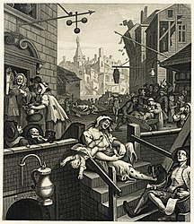 『ビール通りとジン横丁（英語版）』（1751年）で描かれたジン横丁。健康的なビール通りと対比された退廃的な街として描かれている
