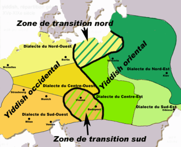 Mappa dei dialetti yiddish tra i secoli XV e XIX (dialetti occidentali in giallo / dialetti orientali in verde)