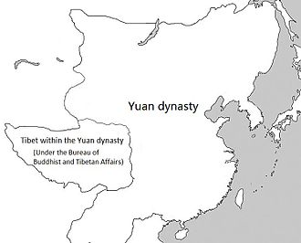 Tibet within the Yuan dynasty under the top-level department known as the Bureau of Buddhist and Tibetan Affairs (Xuanzheng Yuan). Yuan dynasty and Tibet.jpg