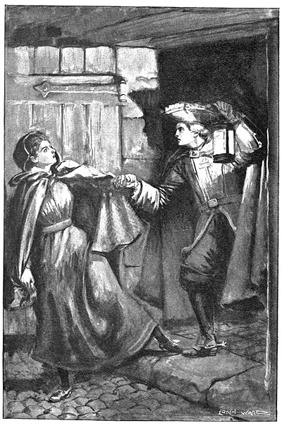 Man with lantern seizing woman in cloak