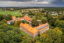 Aerial view of the castle and village