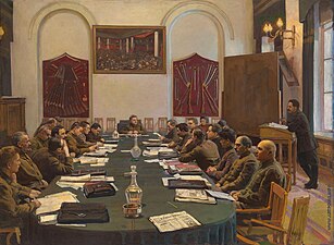 Socialist Realist - Assembly of the Revolutionary Military Council of the USSR, Chaired by Kliment Voroshilov; by Isaak Brodsky; 1929; oil on canvas; 95.5 x 129.5 cm; private collection[106]