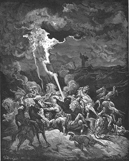 Elijah destroying the messengers of Ahaziah (illustration by Gustave Doré from the 1866 La Sainte Bible)