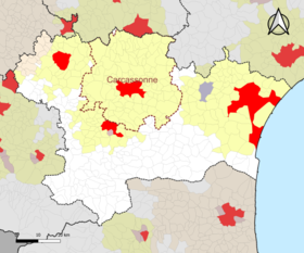 Localisation de l'aire d'attraction de Carcassonne dans le département de l'Aude.