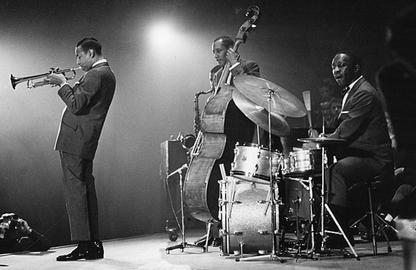 Art Blakey and the Jazz Messengers, 1960. Pictured are Lee Morgan (left), Jymie Merritt and Wayne Shorter (center), and Art Blakey (right)