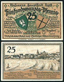 25-Pfennig-Notgeldschein von 1920 mit der Stadtansicht von Lyck