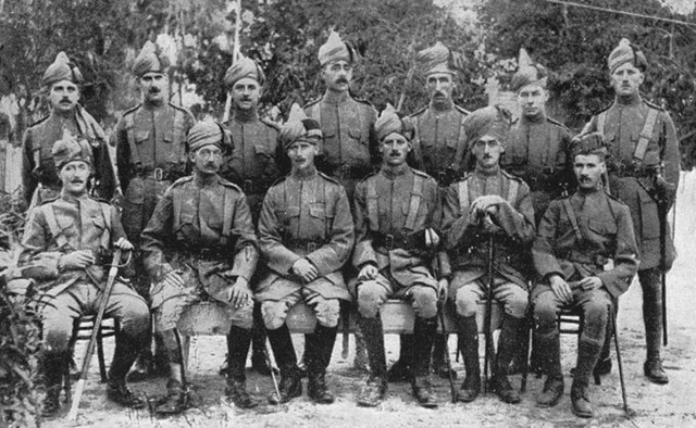 Officers of the 62nd Punjabis (1/1st Punjab), Ismailia, Egypt, 1914. Captain Claude Auchinleck is standing on far right.