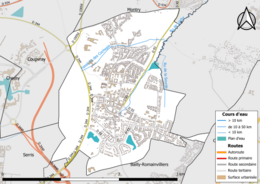 Carte en couleur présentant les réseau hydrographique de la commune