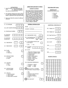 This is the 1st page of the ASI-5. It inquires about the demographic background of the patient. It also allows interviewer to record the optional severity index. ASI 5th Page 1.png