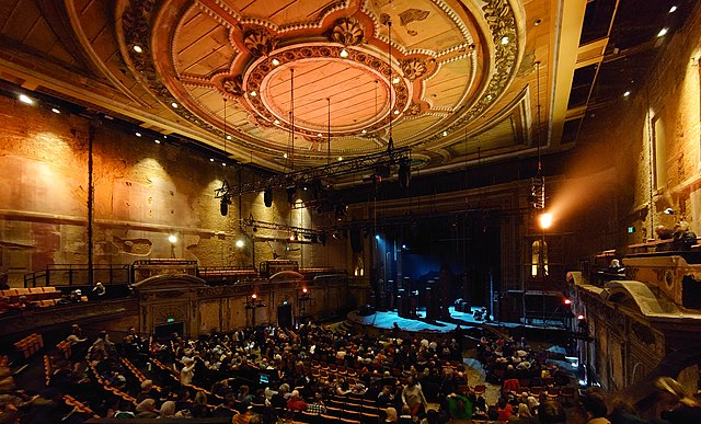 The stage at Alexandra Palace Theatre in London set for a performance of A Christmas Carol in December 2021.