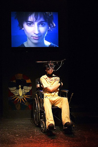 Vanessa Claire Smith in Brad Mays' multi-media stage production of A Clockwork Orange, 2003, Los Angeles. (photo: Peter Zuehlke)