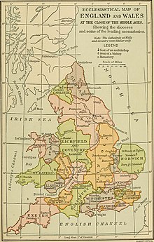 Dioceses of England and Wales prior to the Dissolution of the Monasteries (1536-41) A short history of England and the British Empire (1915) (14580591399).jpg