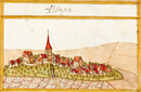 Aldinger Schlössle, links im Bild mit Kirche (Kieser 1682), rechts davon das Neue Schloss