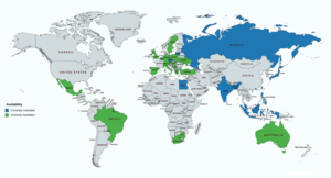 Availability of allylestrenol in countries throughout the world as of December 2017. Blue is currently marketed, green is formerly marketed. Allylestrenol availability.png