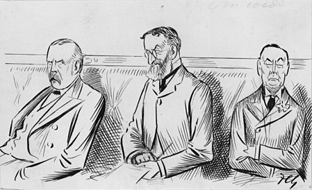 Michael Hicks Beach (centre) with Arthur Balfour (left) and Joseph Chamberlain (right), by Sir Francis Carruthers Gould. Arthur James Balfour, 1st Earl of Balfour; Michael Edward Hicks Beach, 1st Earl St Aldwyn; Joseph ('Joe') Chamberlain by Sir Francis Carruthers Gould ('F.C.G.').jpg