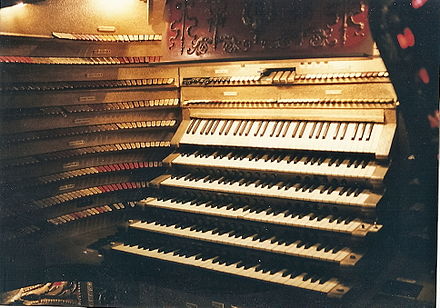 Detail of console of the huge Barton pipe organ originally installed in the Chicago Stadium. The massive console boasted six manuals (keyboards) and over 800 stops, with thousands of pipes and percussions installed in the center ceiling high above center court.