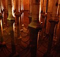 The ceiling of the Basilica Cistern (Yerebatan Sarnıcı) in Istanbul, Turkey, mirrored in the still waters.