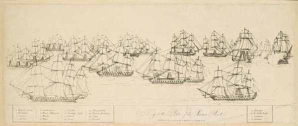 A printed key for a view of the Battle, showing the China Fleet a painting by Francis Sartorius, the younger after a drawing by an officer on board th