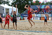 Deutsch: Beachhandball Europameisterschaften 2019 (Beach handball Euro); Tag 6: 7. Juli 2019 – Spiel um Platz Drei, Männer, Ungarn-Russland 2:0 (26:20, 23:22) English: Beach handball Euro; Day 6: 7 July 2019 – Men's Bronze Medal Match – Hungary-Russia 2:0 (26:20, 23:22)