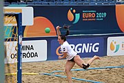 Deutsch: Beachhandball Europameisterschaften 2019 (Beach handball Euro); Tag 5: 6. Juli 2019 – Frauen, Platzierungsspiel für die Ränge 17–20, Nordmazedonien-Slowenien 0:2 (10:13, 9:15) English: Beach handball Euro; Day 5: 6 July 2019 – Placement Match/Cross Match for rank 17–20 Women – North Macedonia-Slovenia 0:2 (10:13, 9:15)