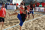 Deutsch: Beachhandball Europameisterschaften 2019 (Beach handball Euro); Tag 1: 2. Juli 2019 – Männer, Vorrunde Gruppe D, Frankreich-Montenegro 2:0 (19:7, 18:9) English: Beach handball Euro; Day 1: 2 July 2019 – Men Preliminary Round Group D – France-Montenegro 2:0 (19:7, 18:9)