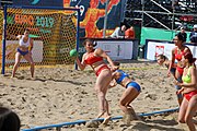 Deutsch: Beachhandball Europameisterschaften 2019 (Beach handball Euro); Tag 2: 3. Juli 2019 – Frauen, Vorrunde Gruppe A, Kroatien-Rumänien 2:0 (16:11, 11:8) English: Beach handball Euro; Day 2: 3 July 2019 – Women Preliminary Round Group A – Croatia-Romania 2:0 (16:11, 11:8)