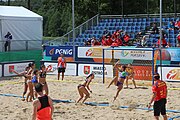 Deutsch: Beachhandball Europameisterschaften 2019 (Beach handball Euro); Tag 2: 3. Juli 2019 – Frauen, Vorrunde Gruppe C, Spanien-Griechenland 2:1 (12:20, 18:16; 8:2) English: Beach handball Euro; Day 2: 3 July 2019 – Women Preliminary Round Group C – Spain-Greece 2:1 (12:20, 18:16; 8:2)