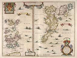 Johan Blaeu's 1654 map of Orkney and Shetland. Note that the "Calf of Heth Oy" has been transposed from its true position north east of Eday to the west. Blaeu - Atlas of Scotland 1654 - ORCADVM ET SCHETLANDIAE - Orkney and Shetland.jpg