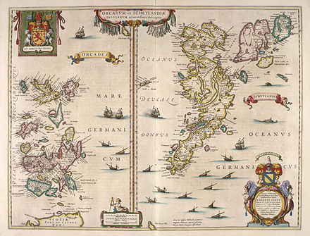 Blaeu's 1654 map of Orkney and Shetland. Mapmakers at this time continued to use the original Latin name Orcades.
