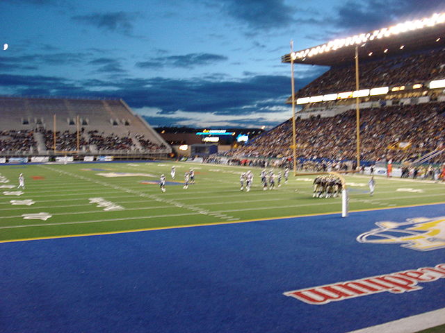 The now demolished Canad Inns Stadium, with end zone stands added for the 94th Grey Cup game.