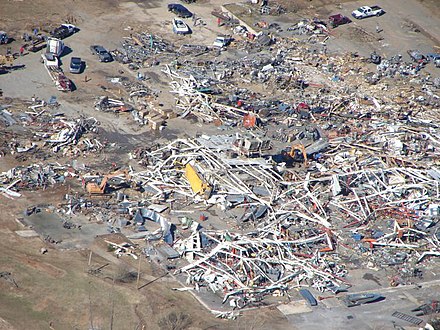 Aerial view of a destroyed boat plant in Van Buren County, Arkansas