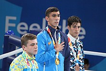 Boxing at the 2018 Summer Youth Olympics – Boys' bantamweight Victory Ceremony 53.jpg