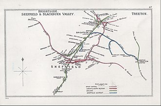 A 1912 Railway Clearing House Junction Diagram showing railways in the vicinity of Brightside (upper centre) Brightside, Shefield & Blackburn Valley Treeton RJD 67.jpg