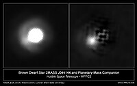 Hubble image of brown dwarf 2MASS J044144 and its 5–10 Jupiter-mass companion, before and after star-subtraction