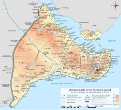 Mapa byzantské Konstantinopole. Lykos protéká městem od severozápadu k jihu.