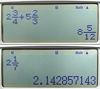 A Casio Natural Display scientific calculator displaying mixed fractions and their decimal equivalents in pretty-printing. CalculatorFractions-5550x.jpg