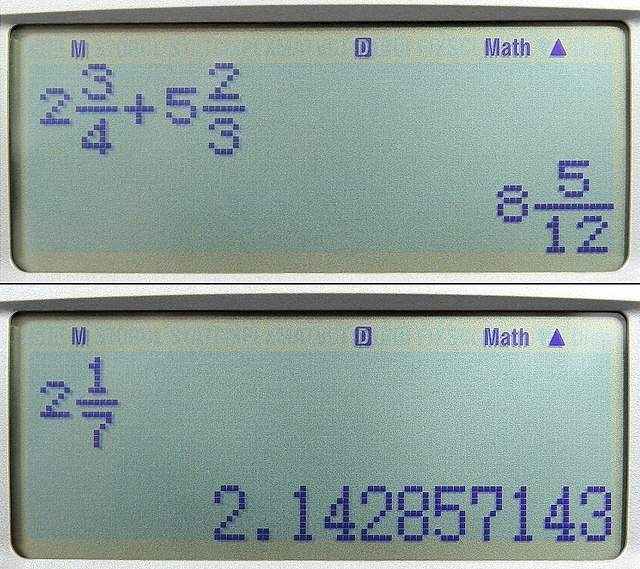 A Casio Natural Display scientific calculator displaying mixed fractions and their decimal equivalents in pretty-printing.